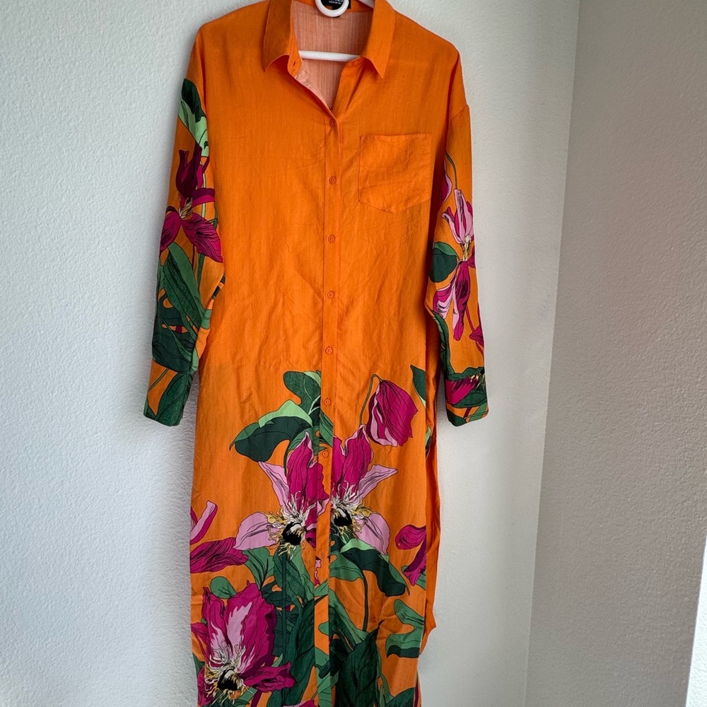 Express Brand Vibrant Orange Floral Button-Down Portofino Dress
